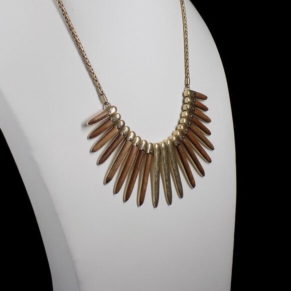 Lucky Brand Necklace Wood Brass Tribal Collar Statement Rustic 15" 1.5" extender - Picture 5 of 9